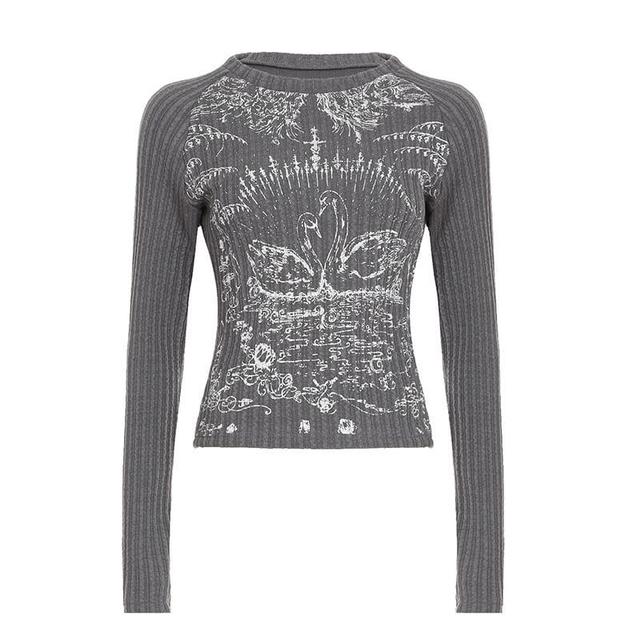 Long Sleeve Graphic Print Ribbed-Knit Slim-Fit Top Product Image