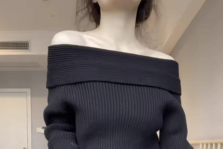 Off-Shoulder Plain Ribbed Sweater Product Image