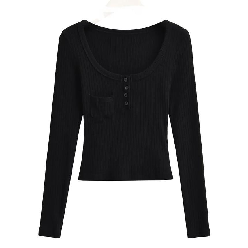 Long Sleeve Scoop Neck Henley Plain Ribbed Cropped Top Product Image