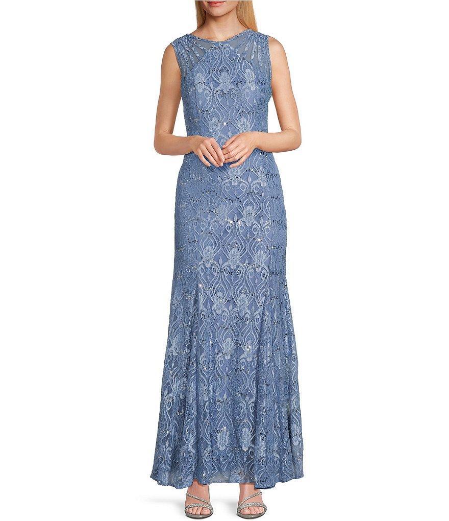 R & M Richards Illusion Shoulder High V-Neck Sleeveless Lace Sheath Gown Product Image