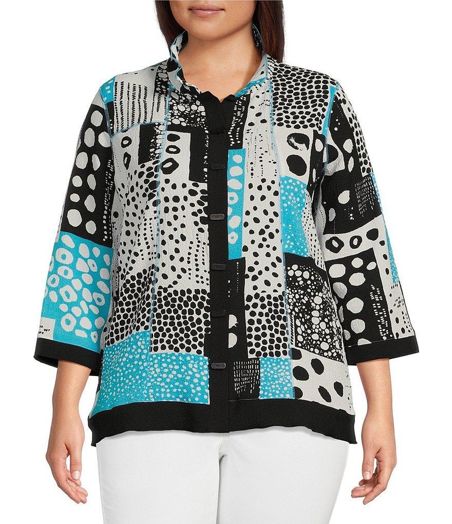 Ali Miles Plus Size Abstract Patchwork Print Wire Collar 3/4 Sleeve Button-Front Tunic Product Image