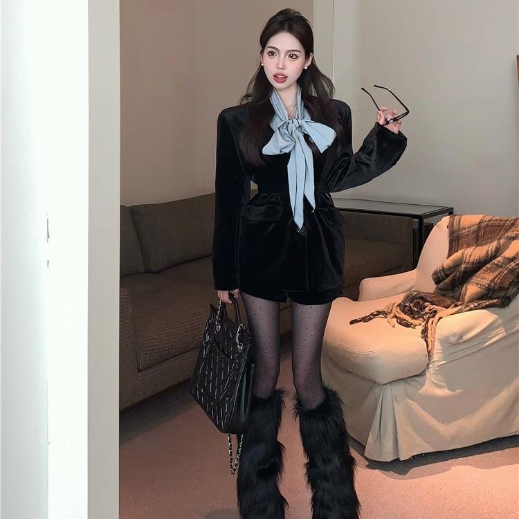 Long-Sleeve Tie-Neck Plain Blouse / Collarless Velvet Single-Breasted Blazer / Elastic Waist Shorts Product Image