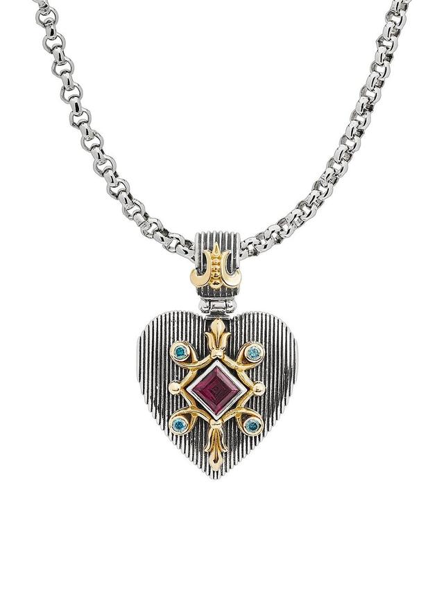 Womens Delos 2.0 Heart Emblem 18K Gold, Sterling Silver, Blue Diamond & Rhodolite Pendant Product Image