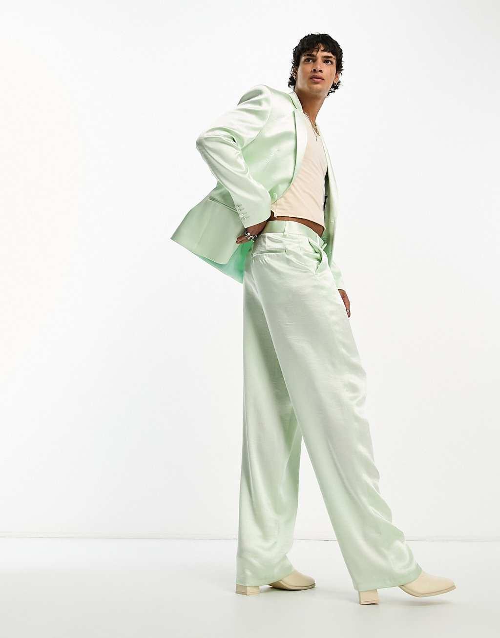 ASOS DESIGN wide leg suit pants in green satin Product Image