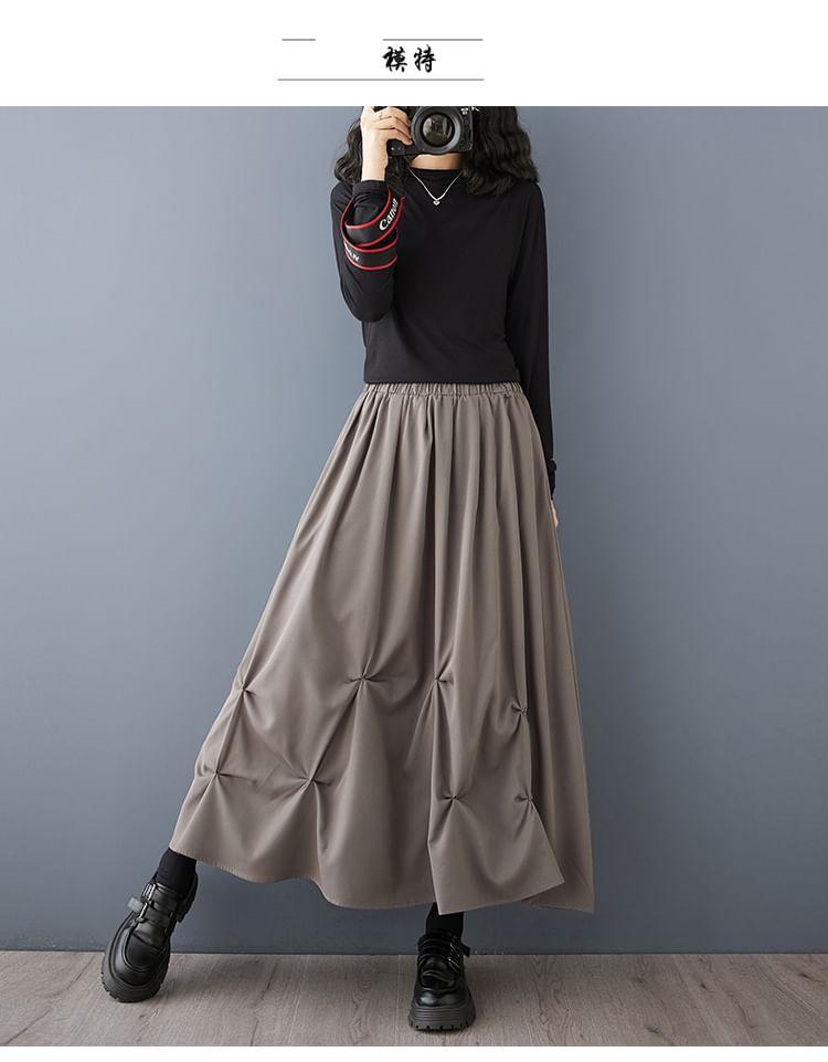 Elastic Waist Plain Asymmetrical Ruched Midi A-Line Skirt Product Image