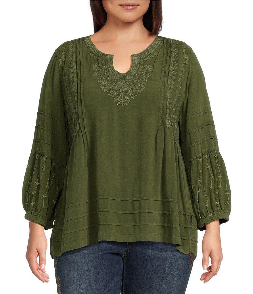 John Mark Plus Size Embroidered Split Round Neck 3/4 Sleeve Top Product Image