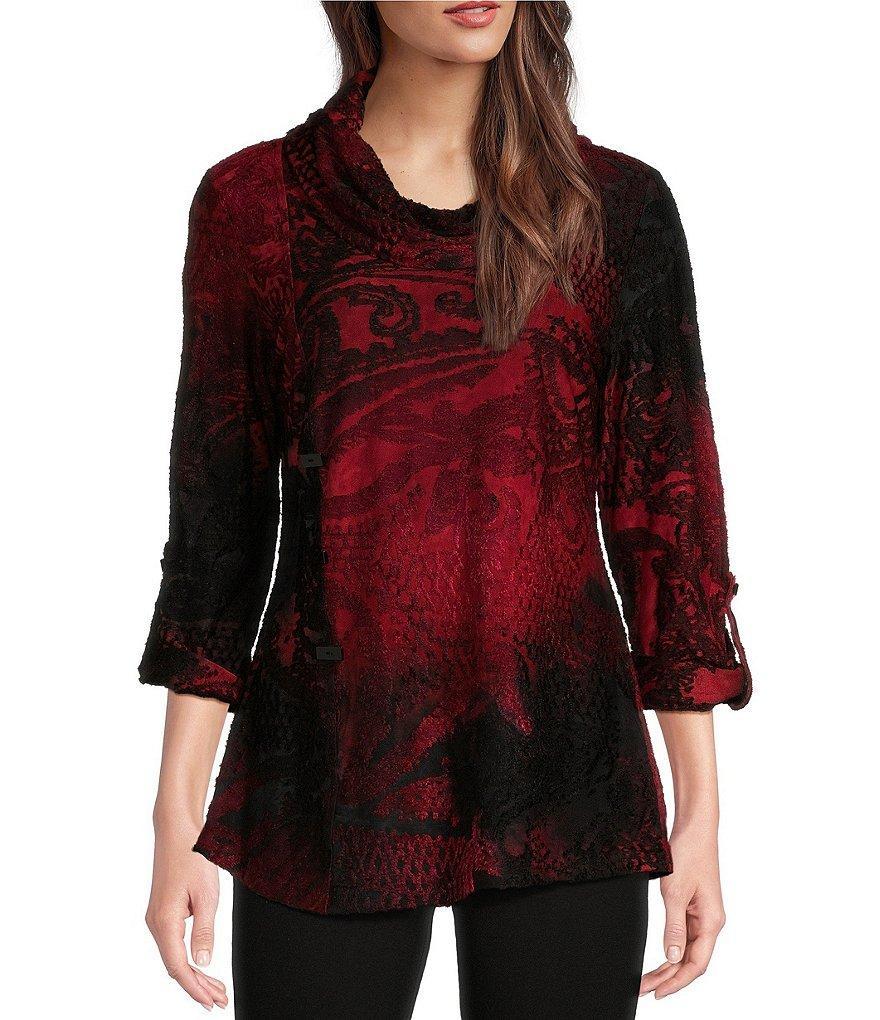 Calessa Knit Burnout Cowl Neck 3/4 Sleeve Tunic Product Image