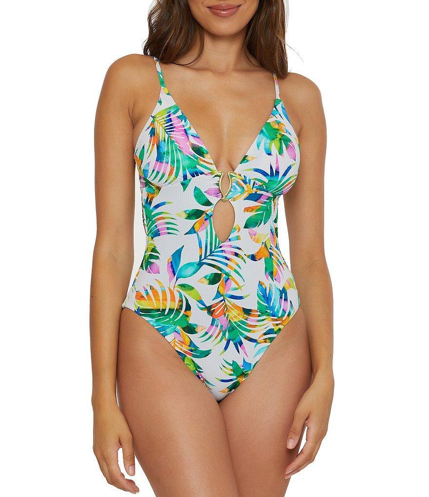 Becca by Rebecca Virtue Isla Verde Evelynn Palm Frond Plunge Cut-Out One Piece Swimsuit Product Image