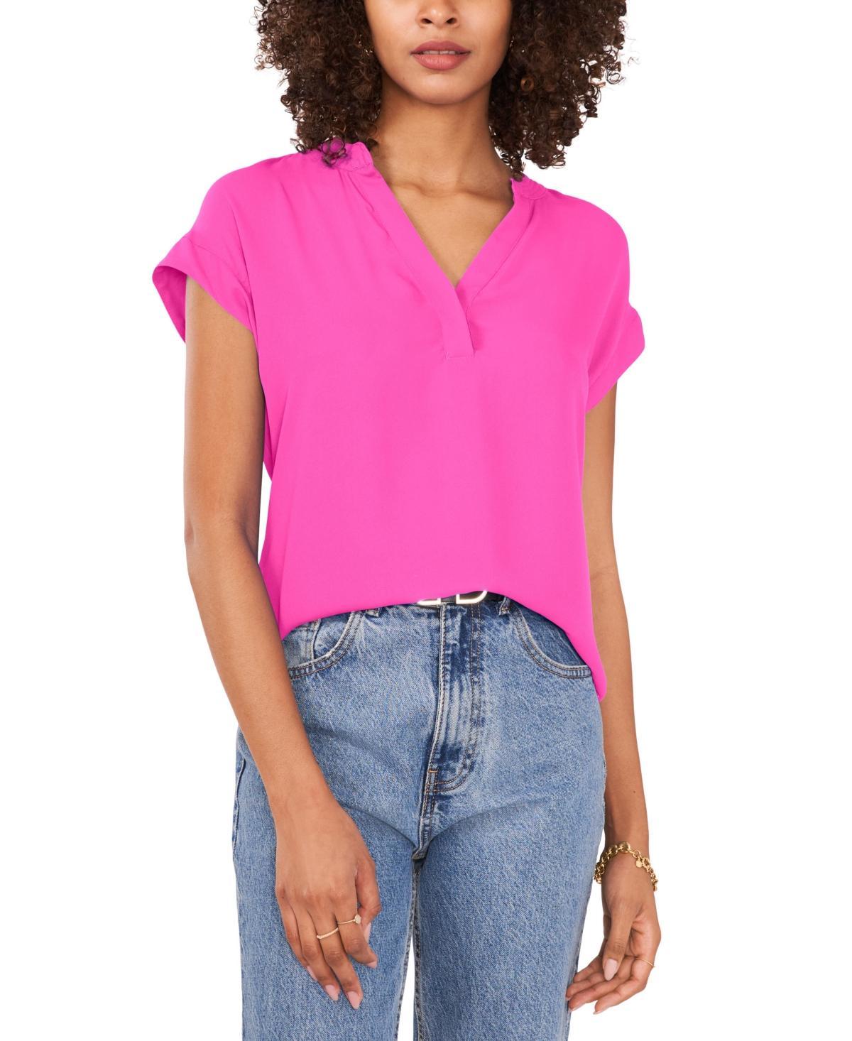 Women's Solid Split Neck Short Sleeve Blouse Product Image