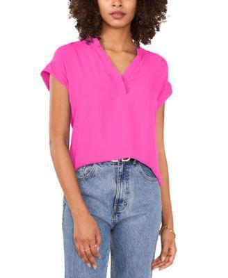 Women's Solid Split Neck Short Sleeve Blouse Product Image