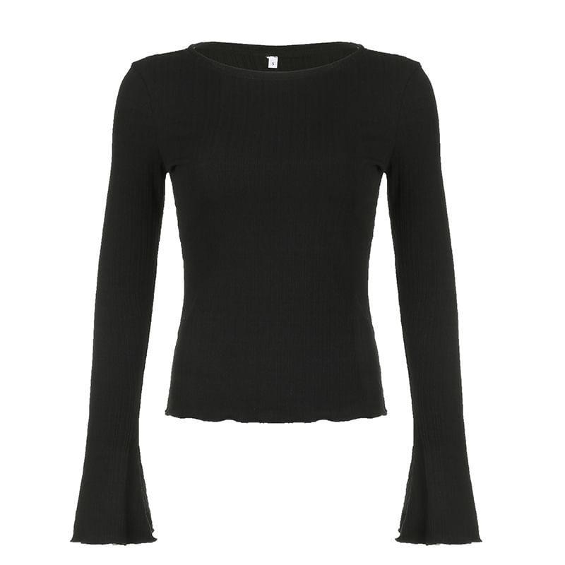 Bell Sleeve Plain Ribbed-Knit Slim-Fit Top Product Image