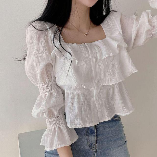 Cinched Sleeve Square Neck Plain Ruffle Blouse Product Image