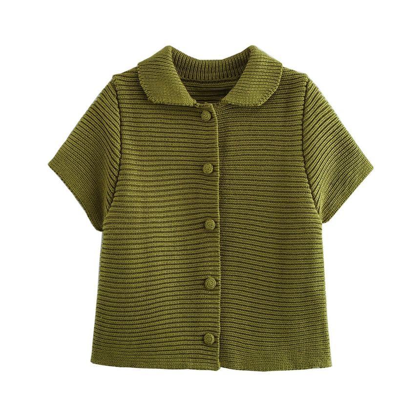 Short Sleeve Collared Plain Button Ribbed Knit Top Product Image