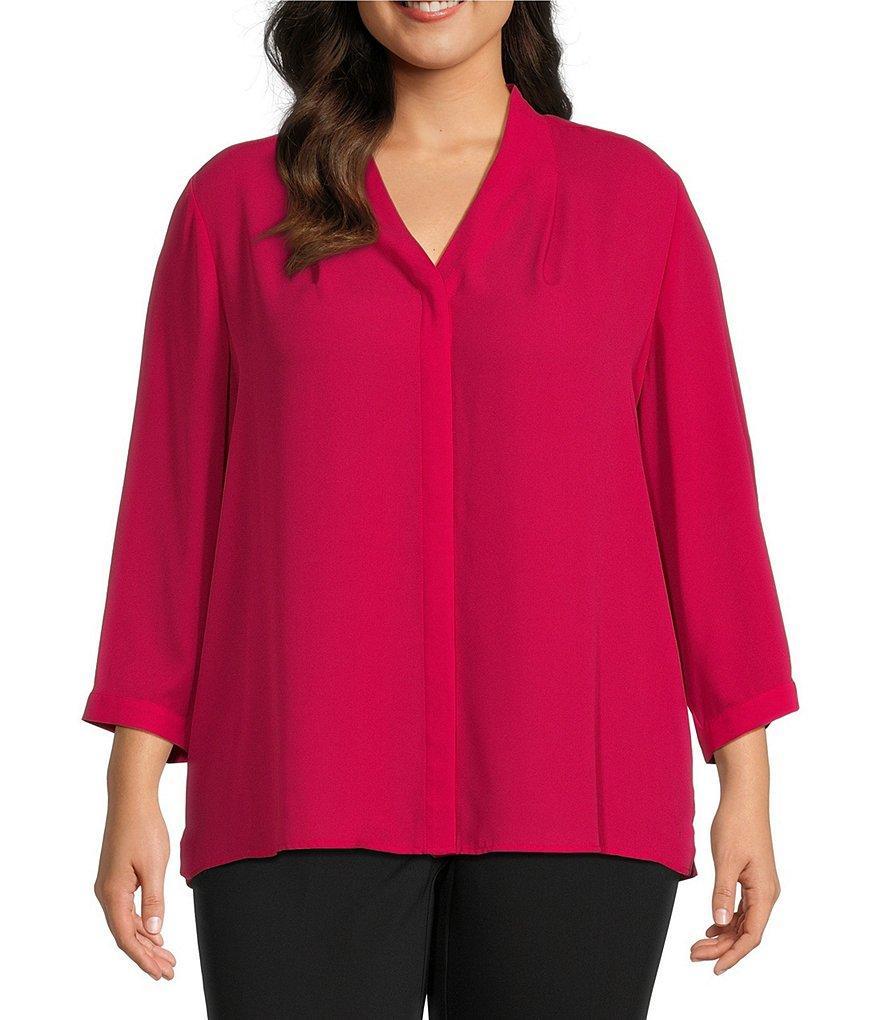 Investments Plus Size Caroline Signature V-Neck 3/4 Sleeve Button Front Top Product Image