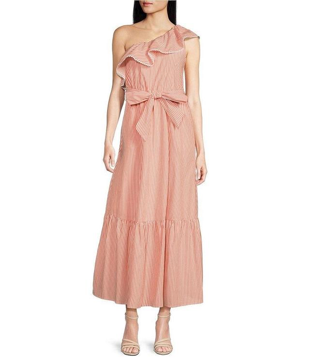 Skies Are Blue Striped One Shoulder Ruffle Neck Tie Waist Tiered A-Line Maxi Dress Product Image