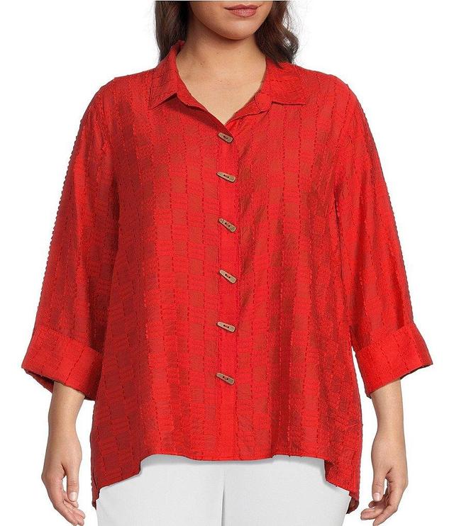 Multiples Plus Size Jacquard Point Collar 3/4 Sleeve Hi-Low Hem Button-Front Fitted Shirt Product Image