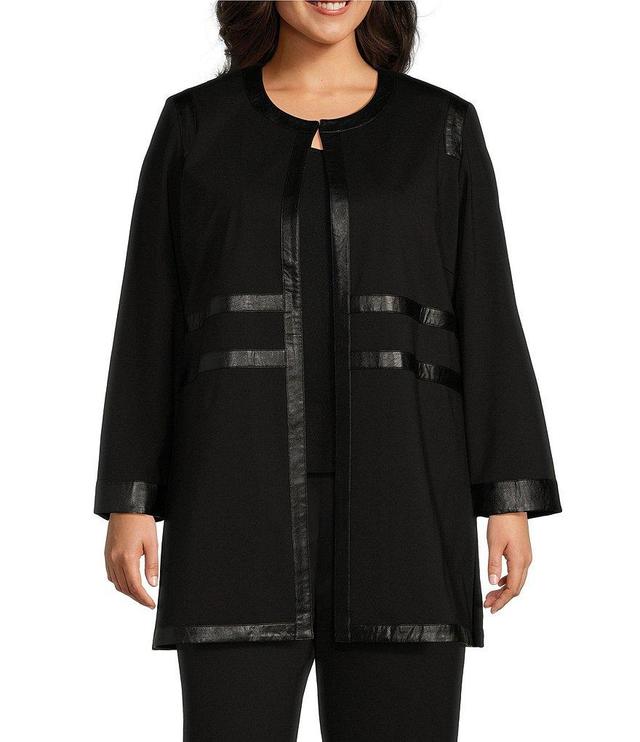 Ming Wang Plus Size Stretch Ponte Faux Leather Trim Round Neck Long Sleeve Jacket Product Image