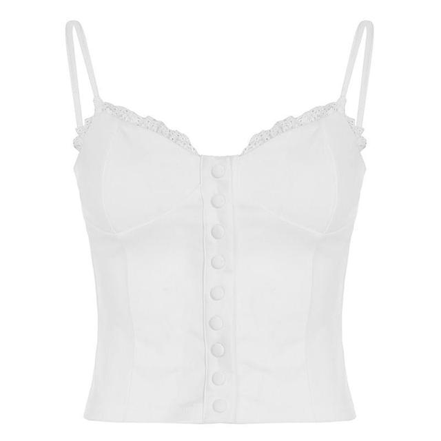 Lace-Trim Plain Button-Up Slim-Fit Crop Camisole Top Product Image