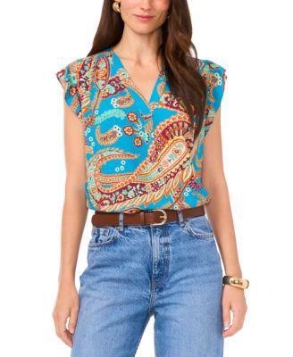 Women's Printed V-Neck Ruffled-Sleeve Top Product Image