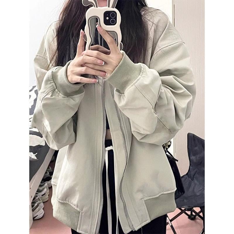 Plain Zip Bomber Jacket Product Image