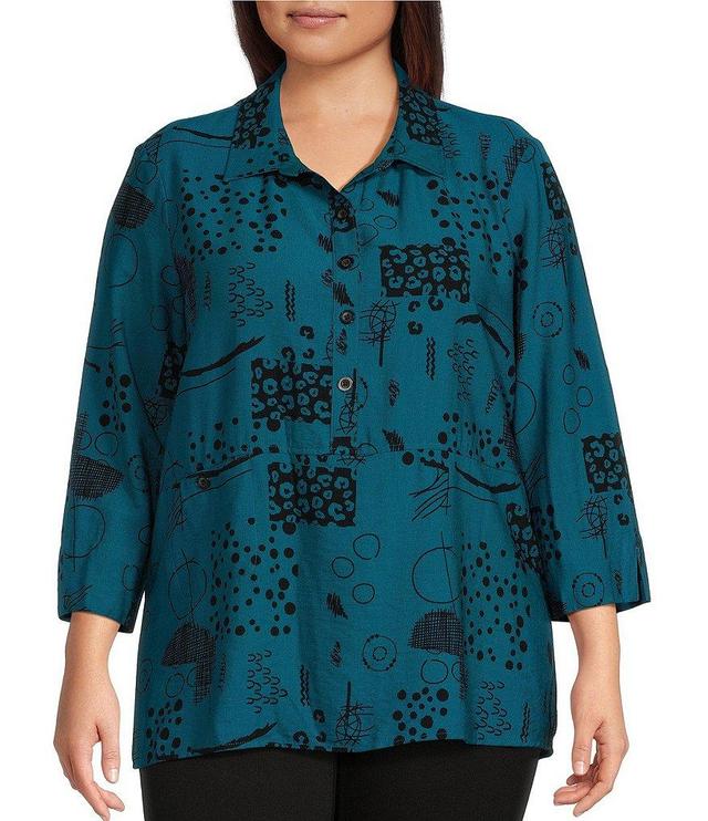 Ali Miles Plus Size Printed Point Collar 3/4 Sleeve Button Down Top Product Image