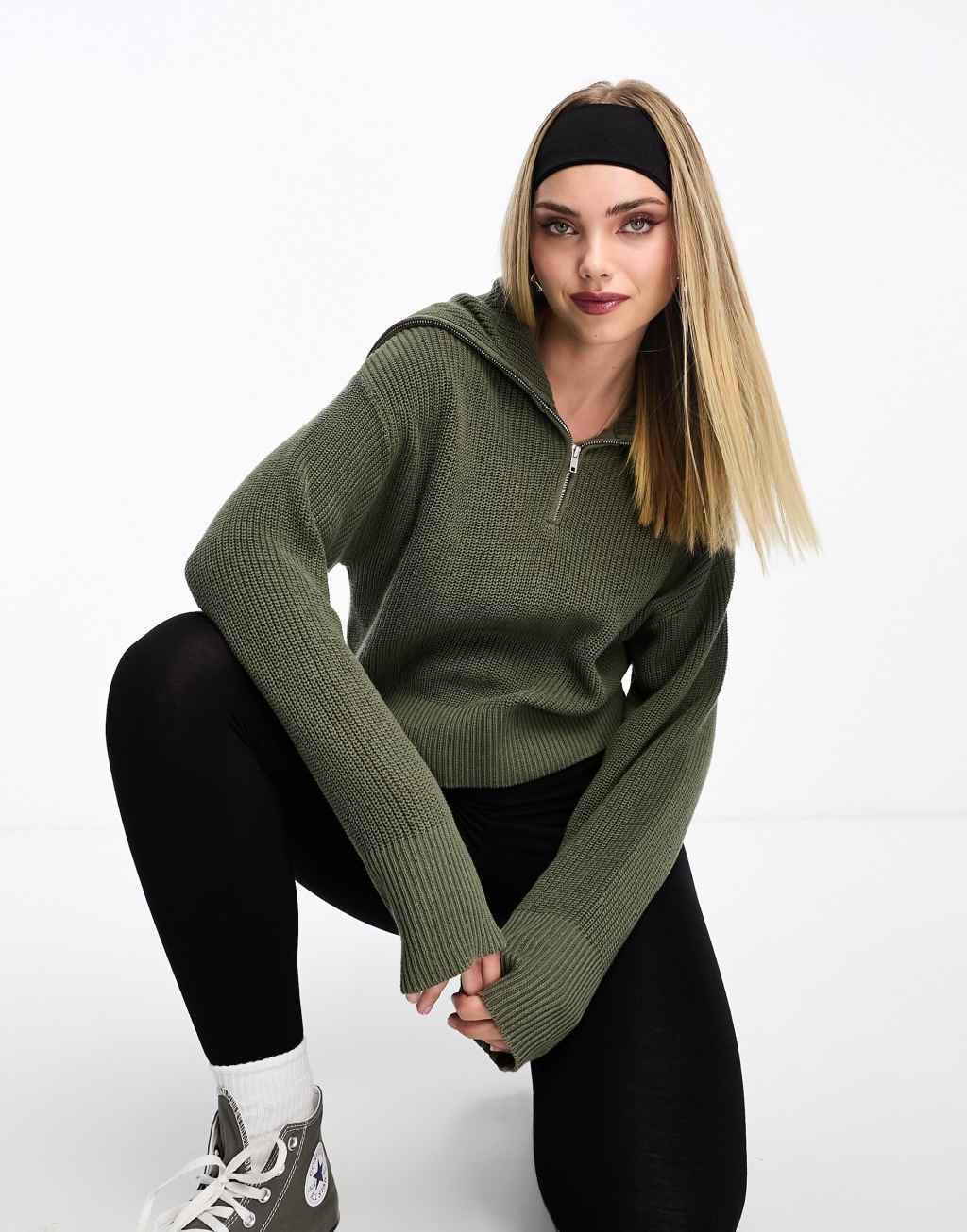 Monki high zip neck knitted sweater in khaki Product Image