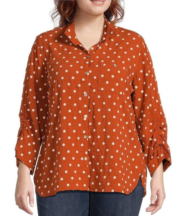 John Mark Plus Size Woven Embroidered Dot Point Collar Neck 3/4 Sleeve Button Front Top Product Image