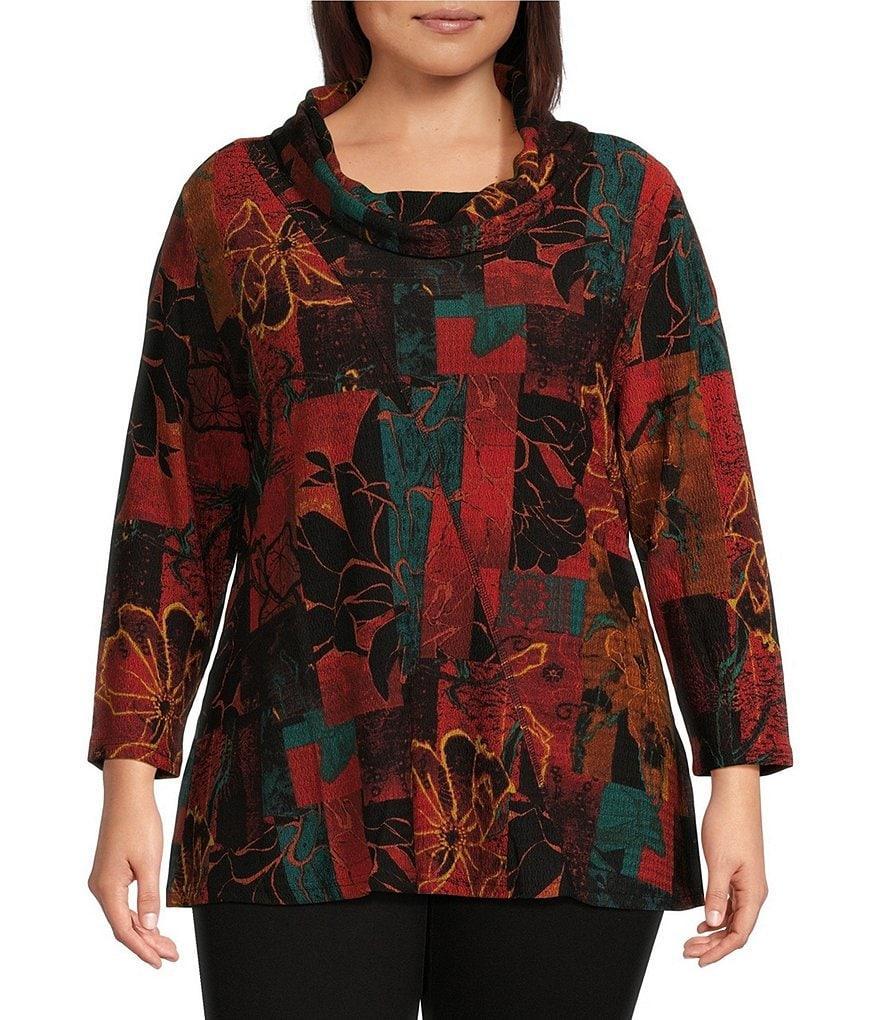 Calessa Plus Size Textured Knit Printed Cowl Neck Long Sleeve Tunic Product Image