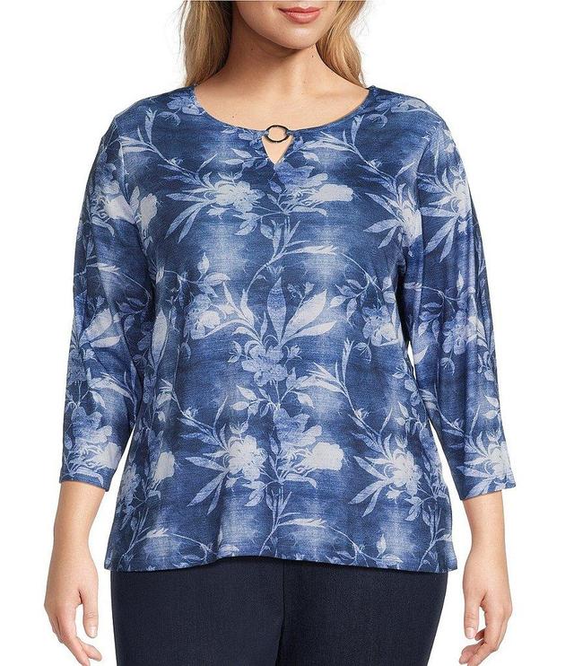 Allison Daley Plus Size Shadow Floral 3/4 Sleeve Keyhole Neck Knit Top Product Image