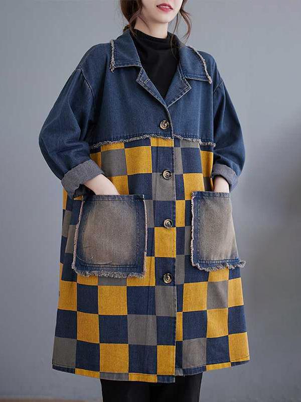 Long Sleeves Loose Buttoned Fringed Plaid Pockets Split-Joint Notched Collar Denim Outerwear Product Image