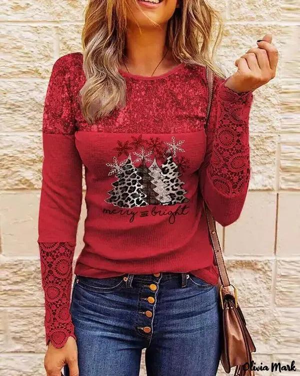 Olivia Mark – Contrast Sequin Christmas Print Long Sleeve Top Product Image