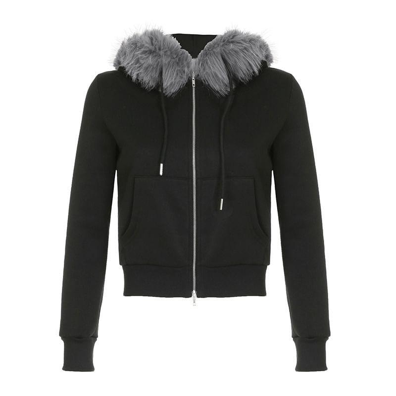 Fluffy Hooded Drawstring Plain Crop Zip Jacket Product Image