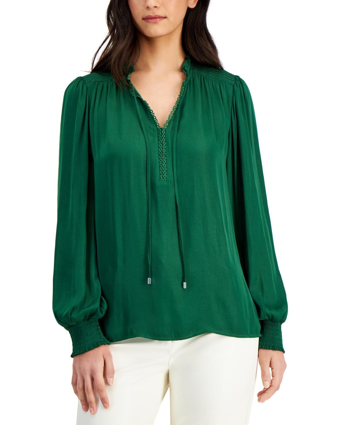 T Tahari Womens Split Tie-Neck Smocked-Trim Top Product Image