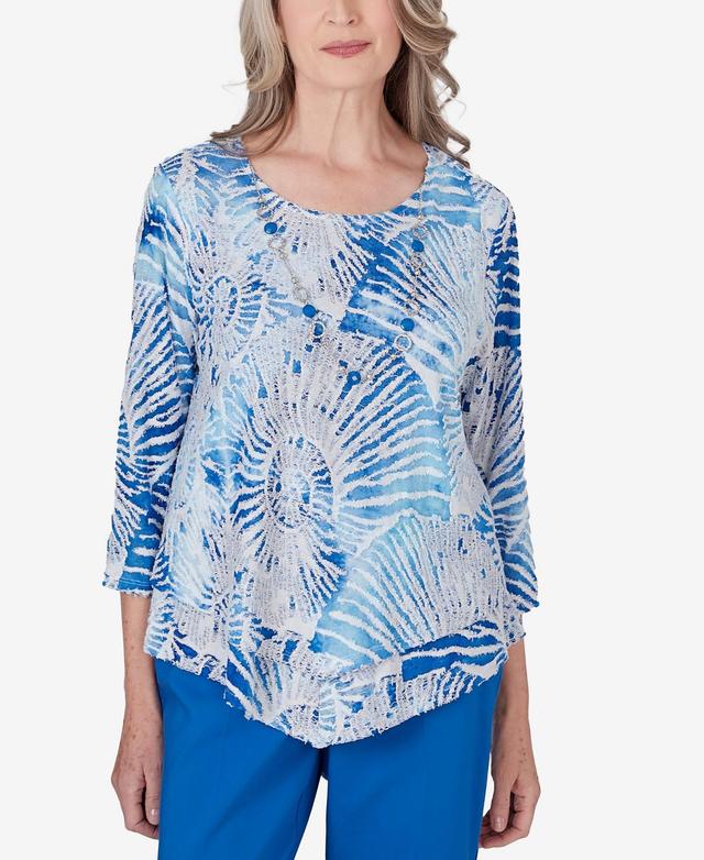 Alfred Dunner Womens Neptune Beach Seashell Embellished Top with Necklace Product Image