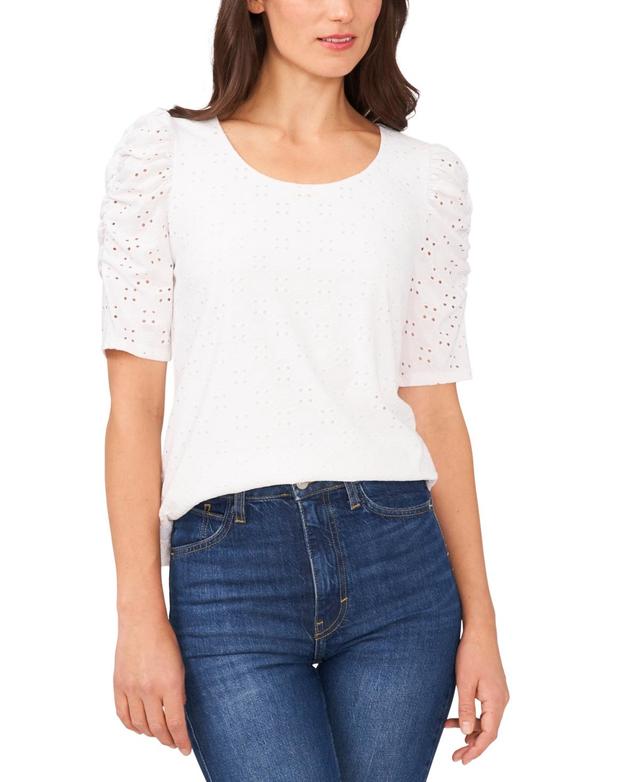 CeCe Womens Short Sleeve Eyelet-Embroidered Knit Top Product Image