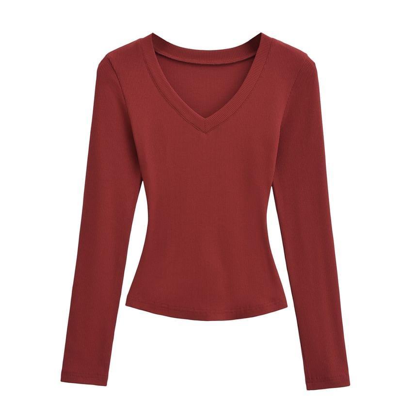 Long-Sleeve V-Neck Plain Crop Top Product Image