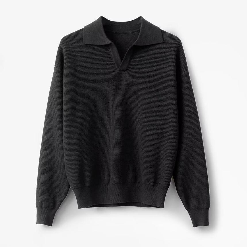 Open Placket Plain Polo Sweater Product Image