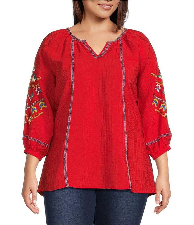 Calessa Plus Size Embroidered Split-V Neckline Bracelet Sleeve Blouse Product Image