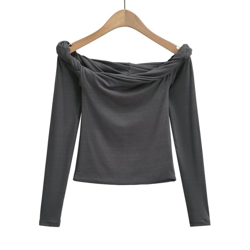 Long Sleeve Off-Shoulder Plain Twisted Slim-Fit Crop Top Product Image