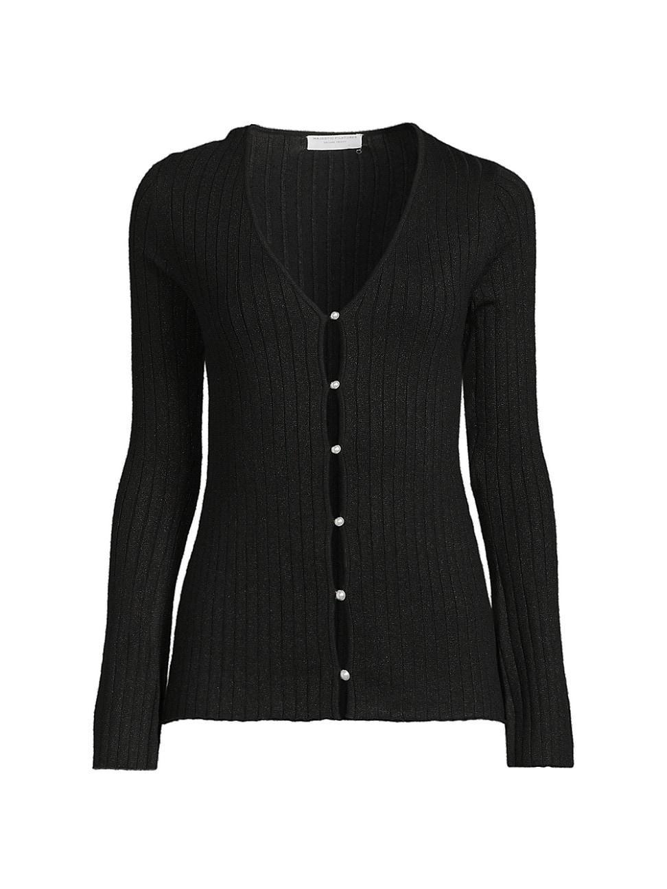 Womens Metallic Rib-Knit V-Neck Cardigan Product Image