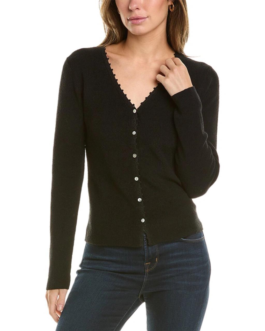 Crochet-trim Ribbed Knit Cardigan Sweater In Black Product Image