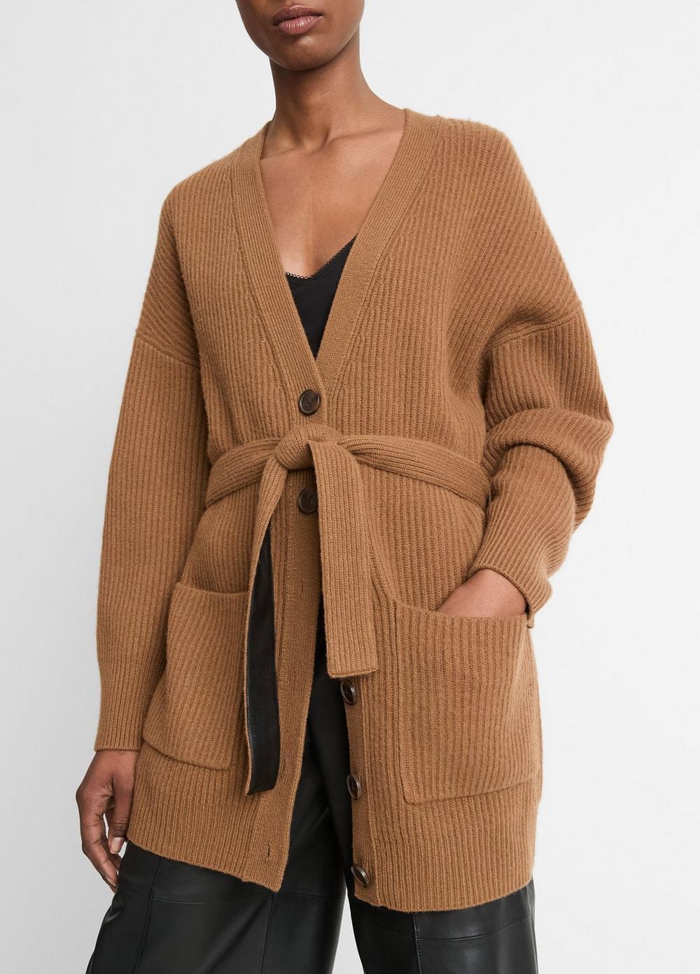 Wool-Cashmere Leather-Belt Ribbed Cardigan Product Image