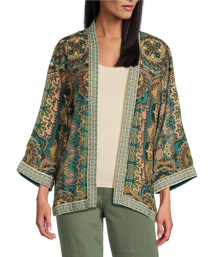 John Mark Embroidered Printed Open Front 3/4 Sleeve Kimono Product Image