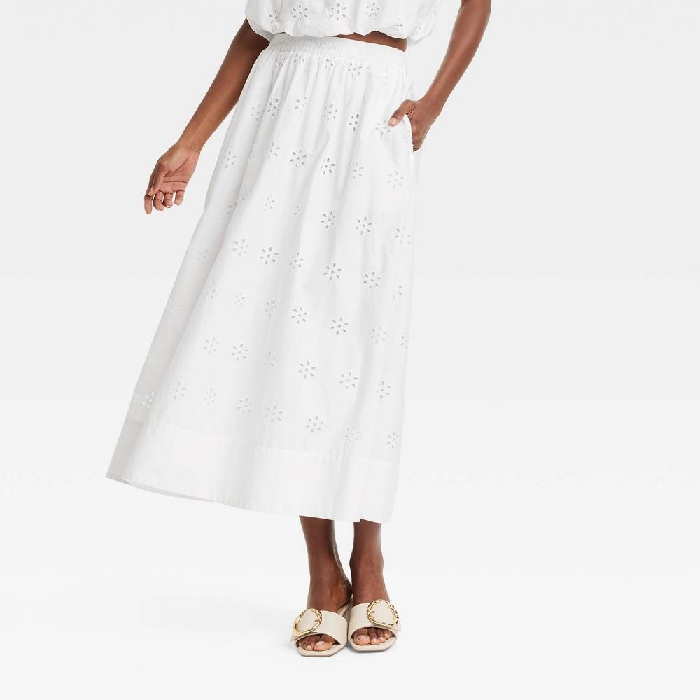 Womens Eyelet Midi A-Line Skirt - A New Day White Product Image