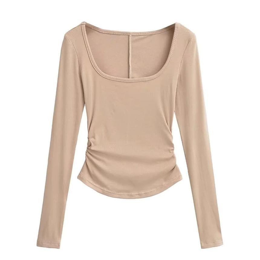 Long Sleeve Square Neck Plain Ruched Crop T-Shirt Product Image