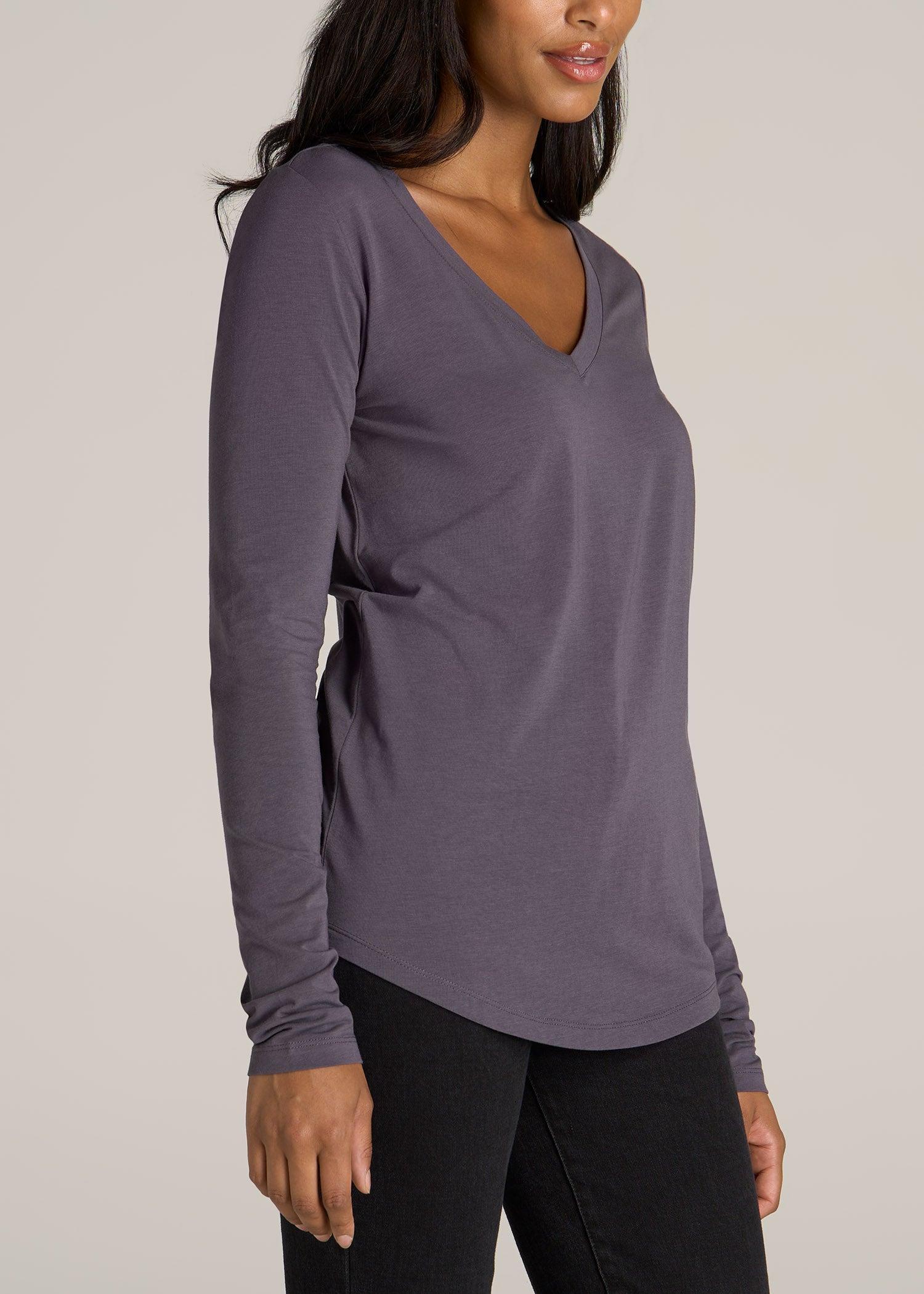 Long Sleeve Scoop V-Neck Tee Shirt for Tall Women in Charcoal Female Product Image