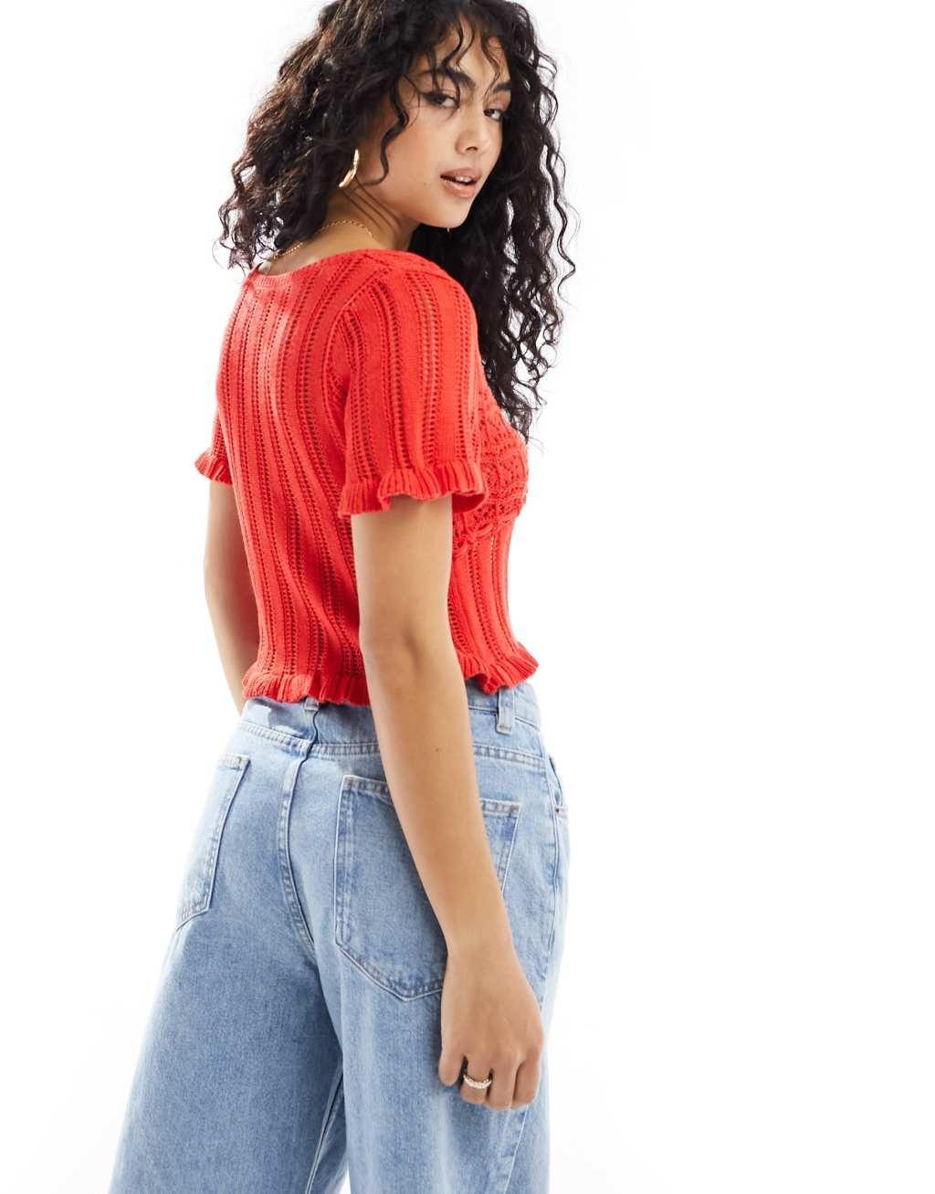 ASOS DESIGN knit milkmaid top in open stitch with tie waist in red Product Image