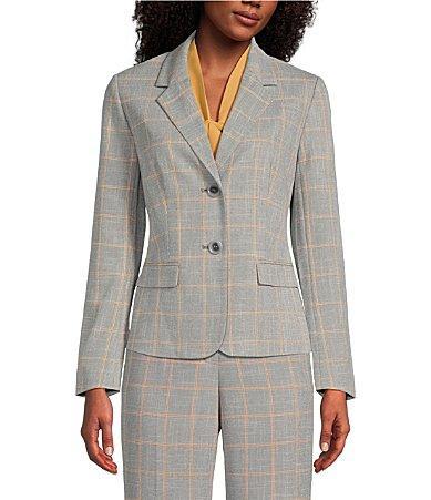 Kasper Plaid Print Notch Lapel Long Sleeve Flap Pocket Coordinating Two Button Jacket Product Image