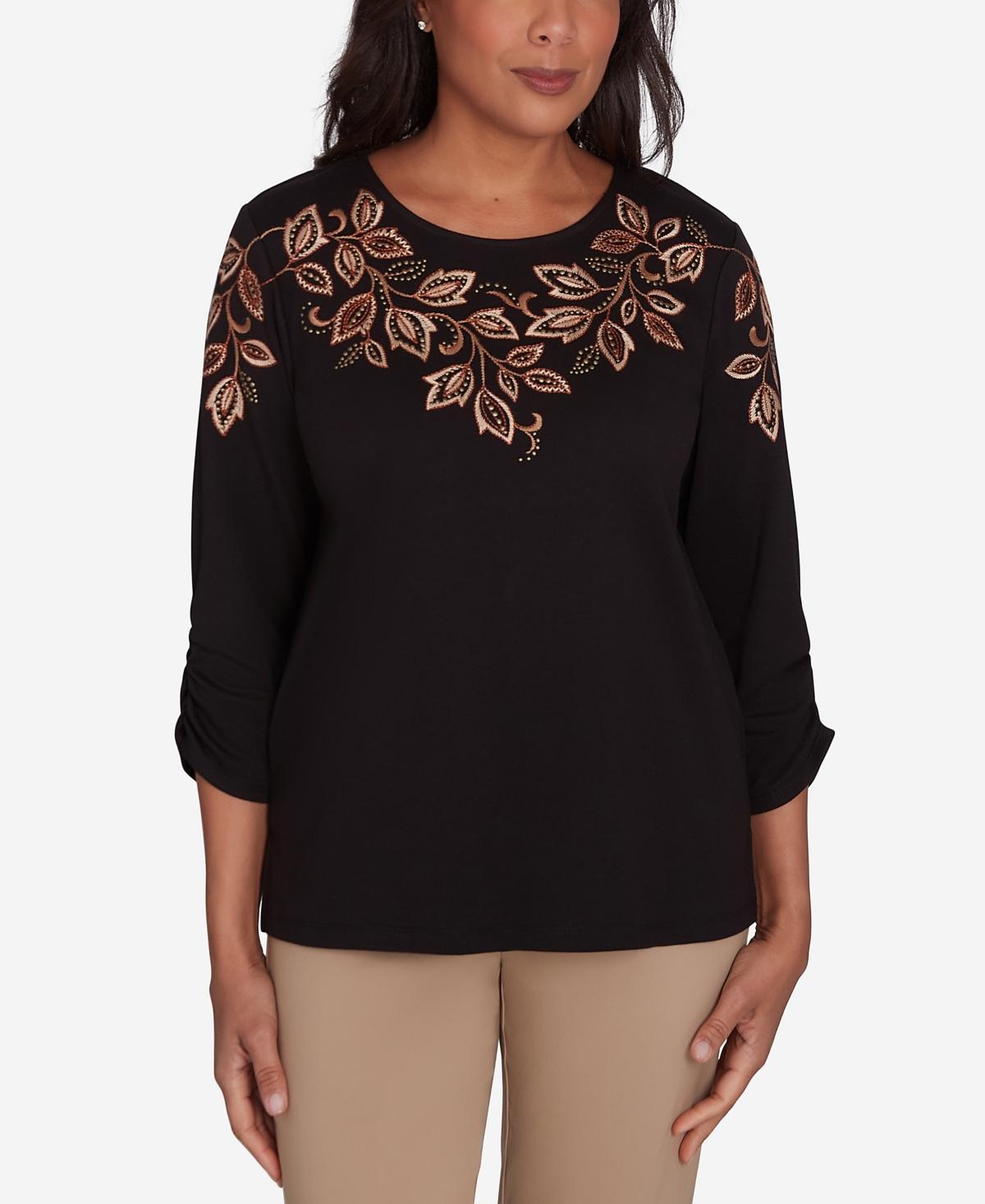 Alfred Dunner Womens Rue Rivoli Leaf Embroidered Sweater Top with Ruched Sleeves Product Image