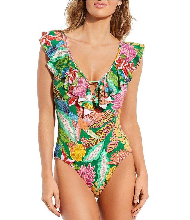 Gibson & Latimer Jungle Life Ruffle Plunge Keyhole One Piece Swimsuit Product Image